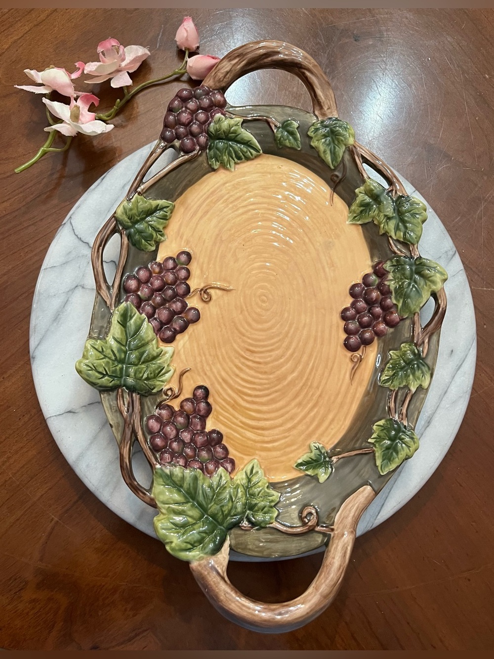 Pacific Rim "Sonoma" Handled Serving Tray 14.5” Embossed Grapes & Leaves